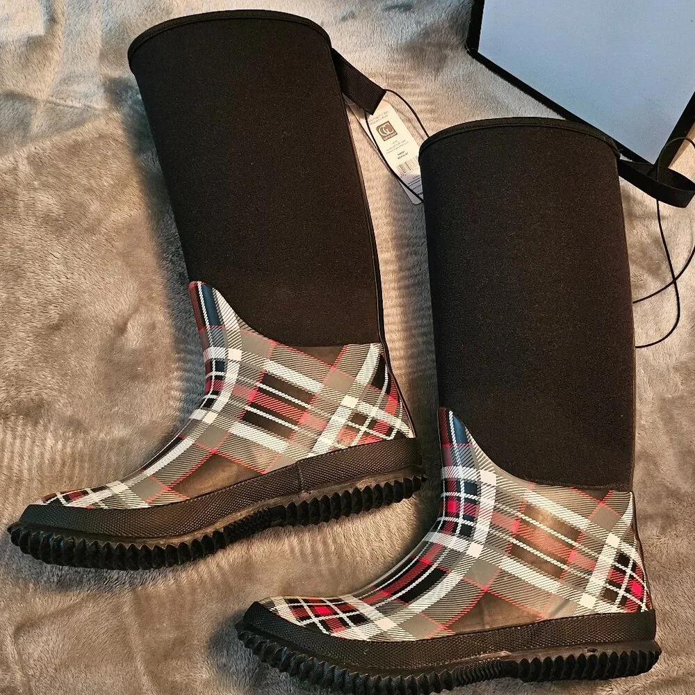 Charlie Paige Black and Plaid Tall Rain Boots